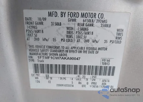 2010 Ford F-150 Stx/Xl/Xlt z USA, uszkodzony, nr VIN 1FTMF1CW7AKA90047